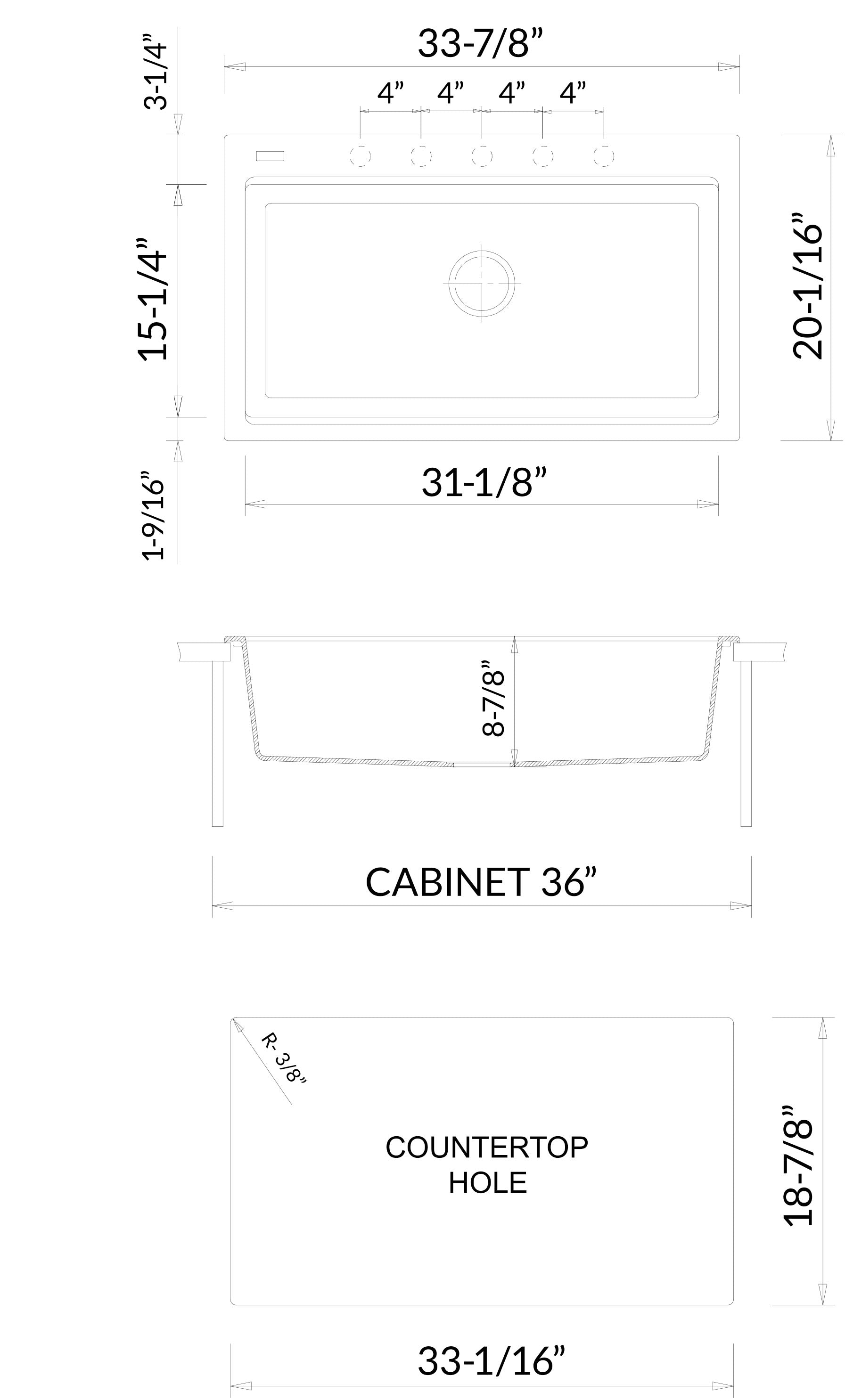 ALFI brand 34" Drop In Granite Composite Workstation Kitchen Sink with Accessories, Black, 1 Faucet Hole, AB3418SBDI-BLA