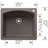 Blanco Diamond 25" Dual Mount Silgranit Kitchen Sink, Volcano Gray, 1 Faucet Hole, 443097