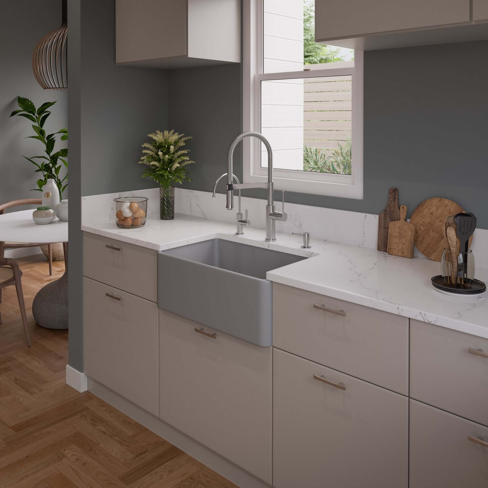ALFI brand 30" Fireclay Farmhouse Sink, Gray Matte, No Faucet Hole, ABF3018-GM