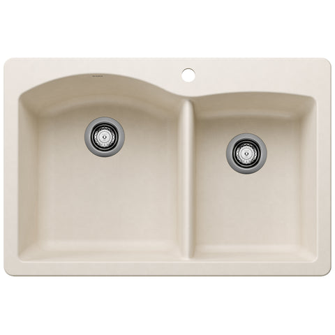 Blanco Diamond 33" Dual Mount Silgranit Kitchen Sink, 60/40 Double Bowl, Soft White, 1 Faucet Hole, 443063