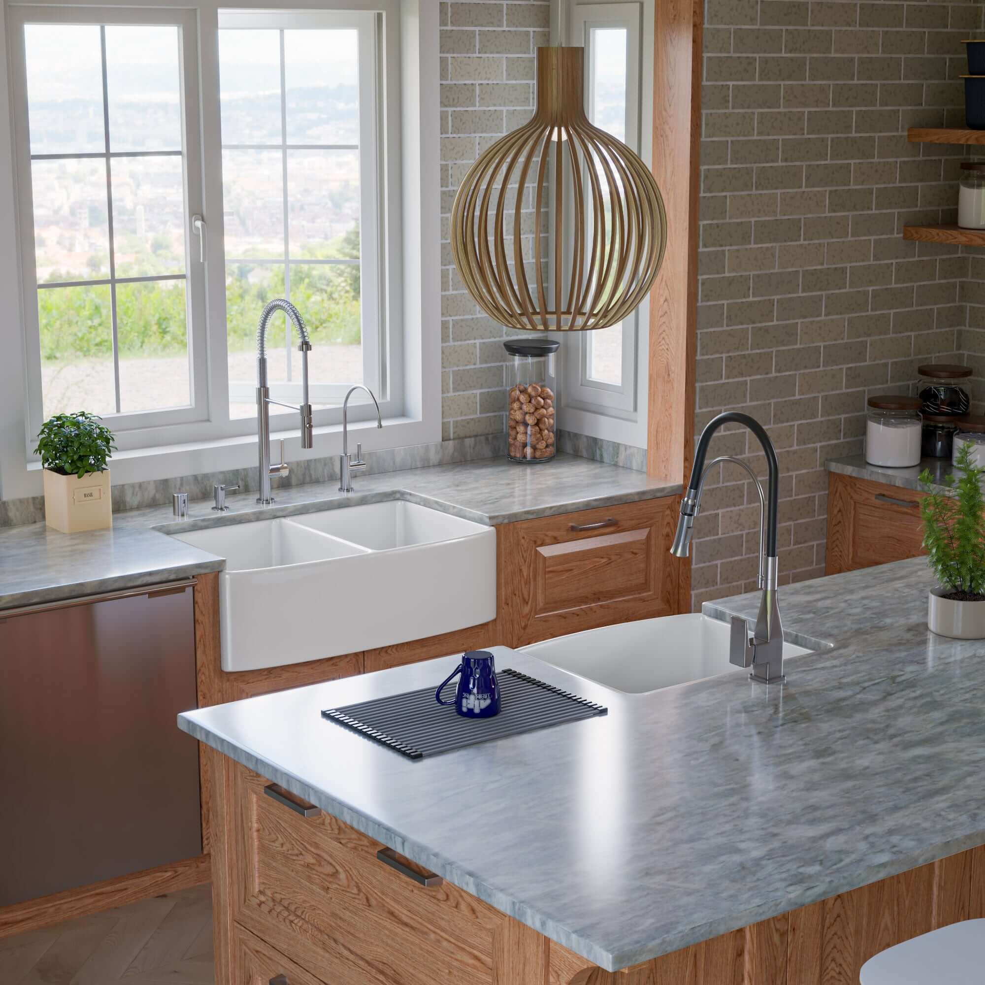 ALFI brand 33" Fireclay Farmhouse Sink with Accessories, 50/50 Double Bowl, White, ABFC3320D-W