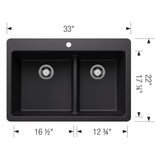 Blanco Liven 33" Dual Mount Silgranit Kitchen Sink, 60/40 Double Bowl, Coal Black, 1 Faucet Hole, 443210