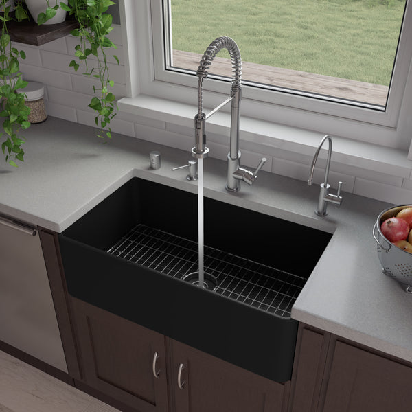 ALFI brand 33" Fireclay Farmhouse Sink, Black Matte, No Faucet Hole, ABF3318S-BM