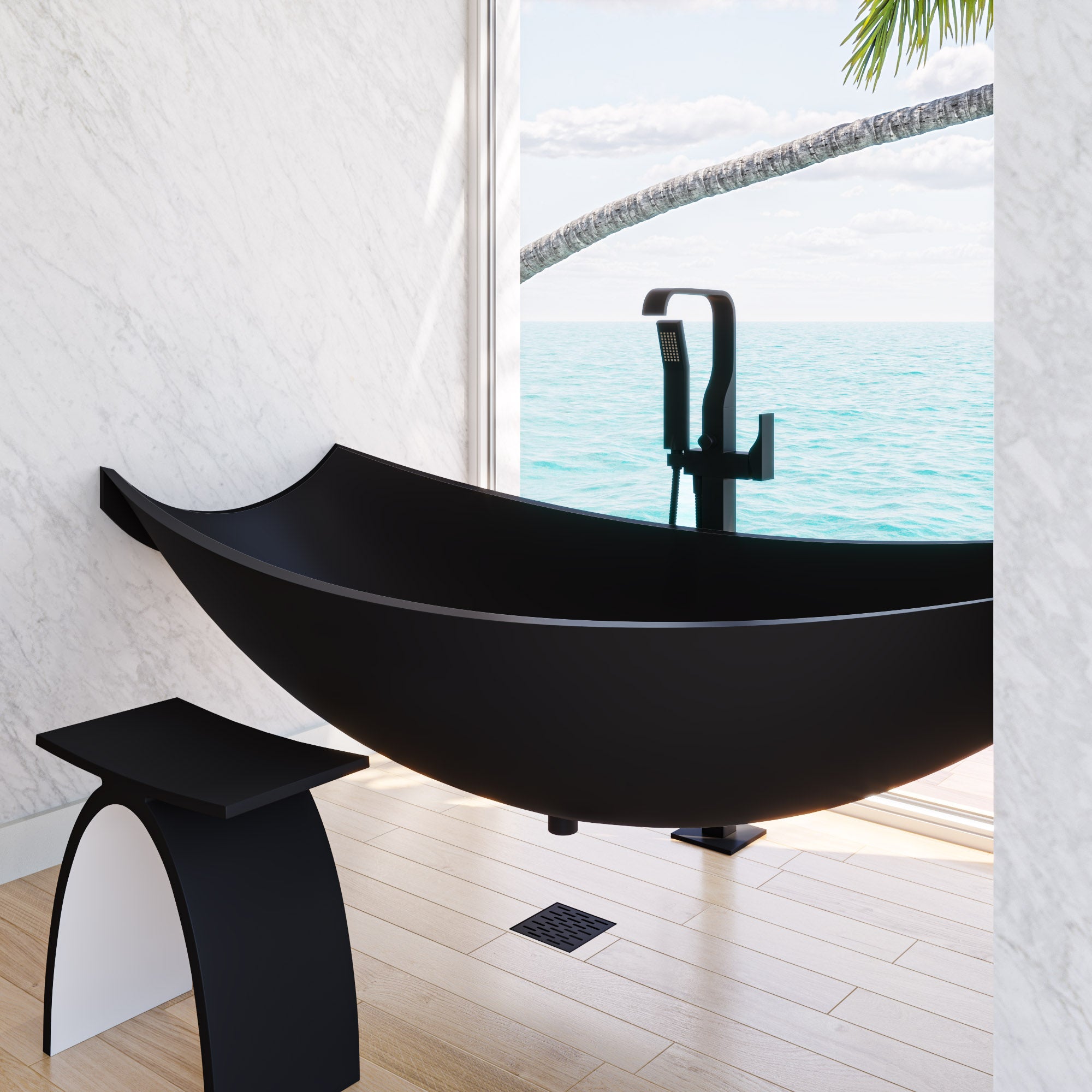 ALFI brand 71" Solid Surface Resin Free Standing Oval Bathtub, Black Matte, HammockTub2-BM