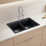 Blanco Liven 33" Dual Mount Silgranit Kitchen Sink, 50/50 Double Bowl, Coal Black, 1 Faucet Hole, 443202