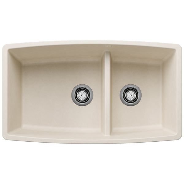 Blanco Performa 33" Undermount Silgranit Kitchen Sink, 60/40 Double Bowl, Soft White, No Faucet Hole, 443088