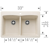 Blanco Diamond 33" Dual Mount Silgranit Kitchen Sink, 50/50 Double Bowl, Soft White, 1 Faucet Hole, 443067