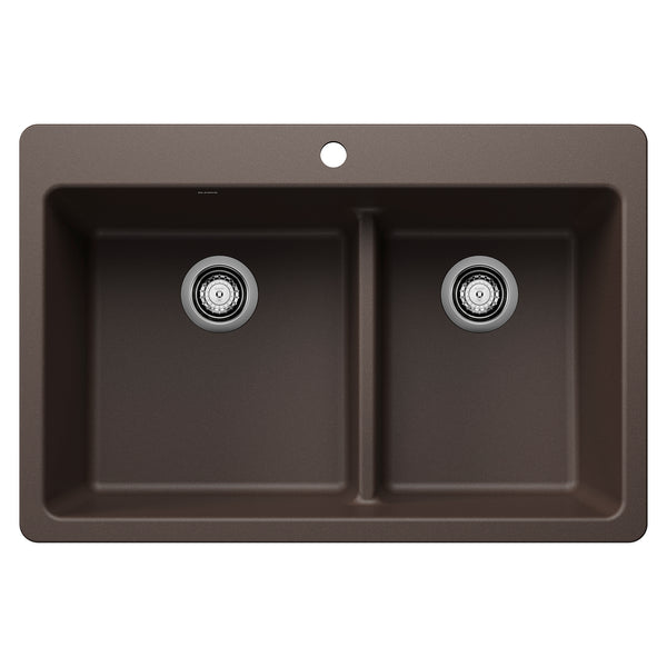 Blanco Liven 33" Dual Mount Silgranit Kitchen Sink, 60/40 Double Bowl, Cafe, 1 Faucet Hole, 443215