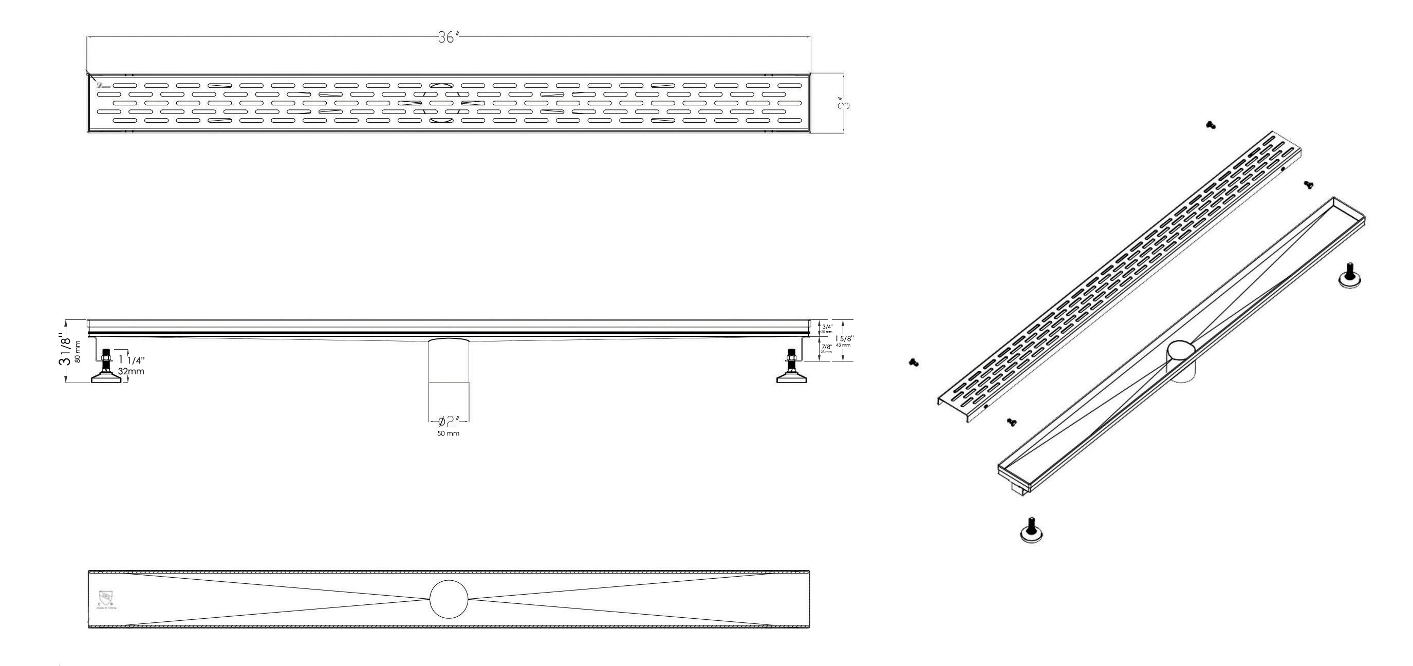 ALFI brand ABLD36C-BM 36" Black Matte Stainless Steel Linear Shower Drain with Groove Holes