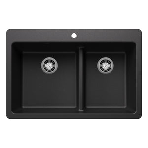 Alternate Image for Blanco Liven 33" Dual Mount Silgranit Kitchen Sink, 60/40 Double Bowl, Anthracite, 1 Faucet Hole, 443211