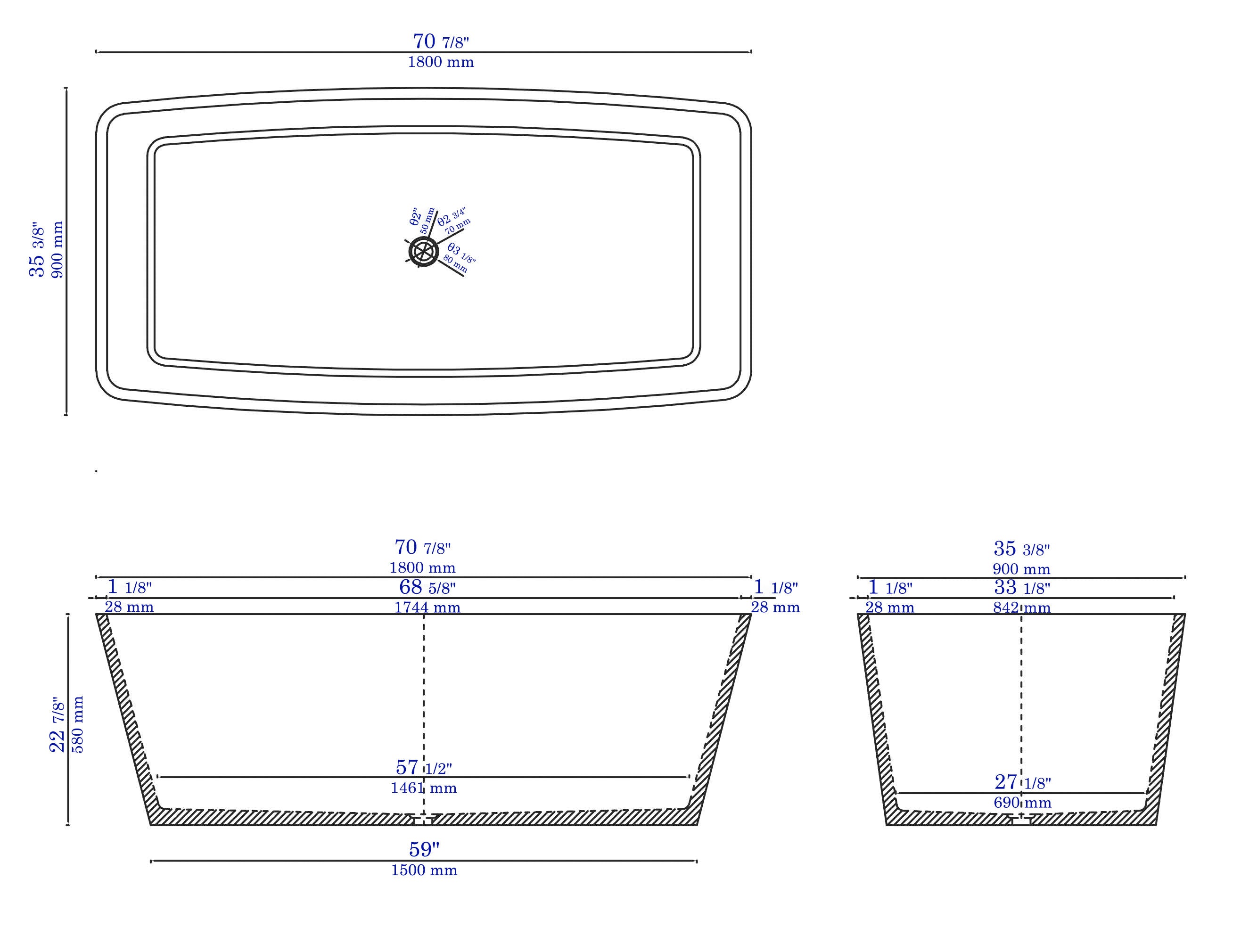 ALFI brand 71" Concrete Free Standing Rectangle Bathtub, Gray Matte, ABCO71TUB