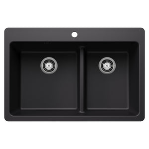 Alternate Image for Blanco Liven 33" Dual Mount Silgranit Kitchen Sink, 60/40 Double Bowl, Coal Black, 1 Faucet Hole, 443210