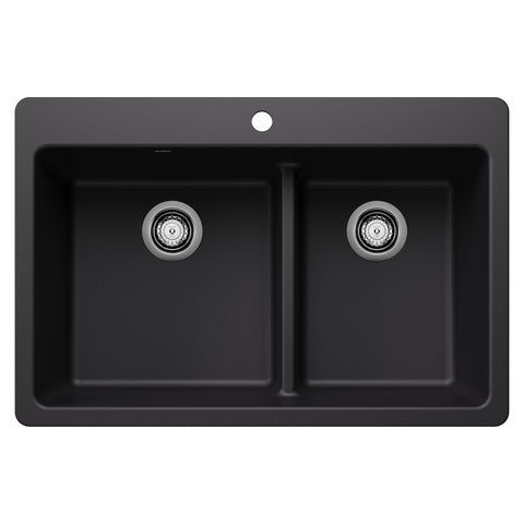 Blanco Liven 33" Dual Mount Silgranit Kitchen Sink, 60/40 Double Bowl, Coal Black, 1 Faucet Hole, 443210