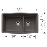 Blanco Performa 33" Undermount Silgranit Kitchen Sink, 60/40 Double Bowl, Volcano Gray, No Faucet Hole, 443125