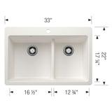 Blanco Liven 33" Dual Mount Silgranit Kitchen Sink, 60/40 Double Bowl, White, 1 Faucet Hole, 443213