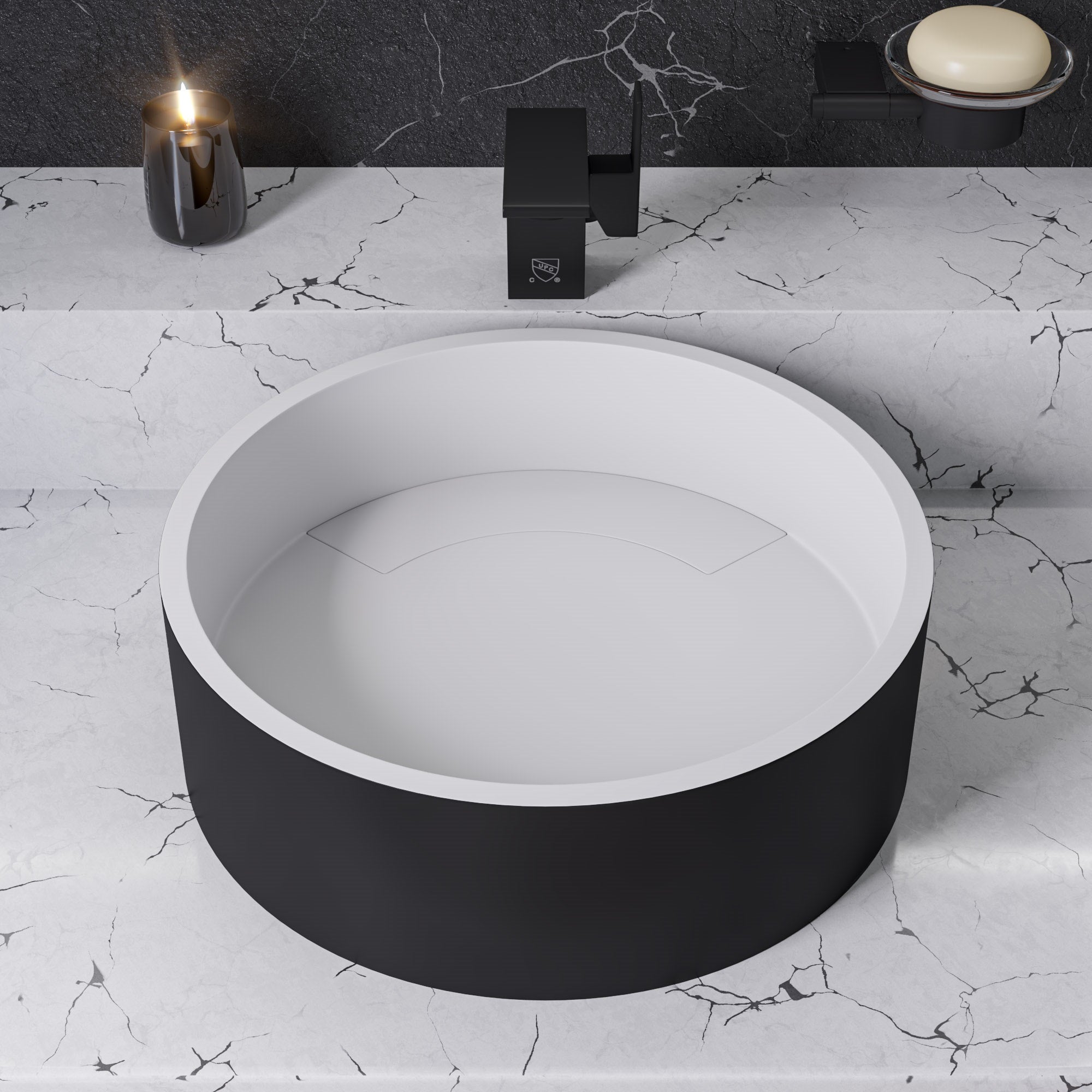 ALFI brand 15.13" x 15.13" Round Above Mount Resin Bathroom Sink, Black & White, No Faucet Hole, ABRS15RBM