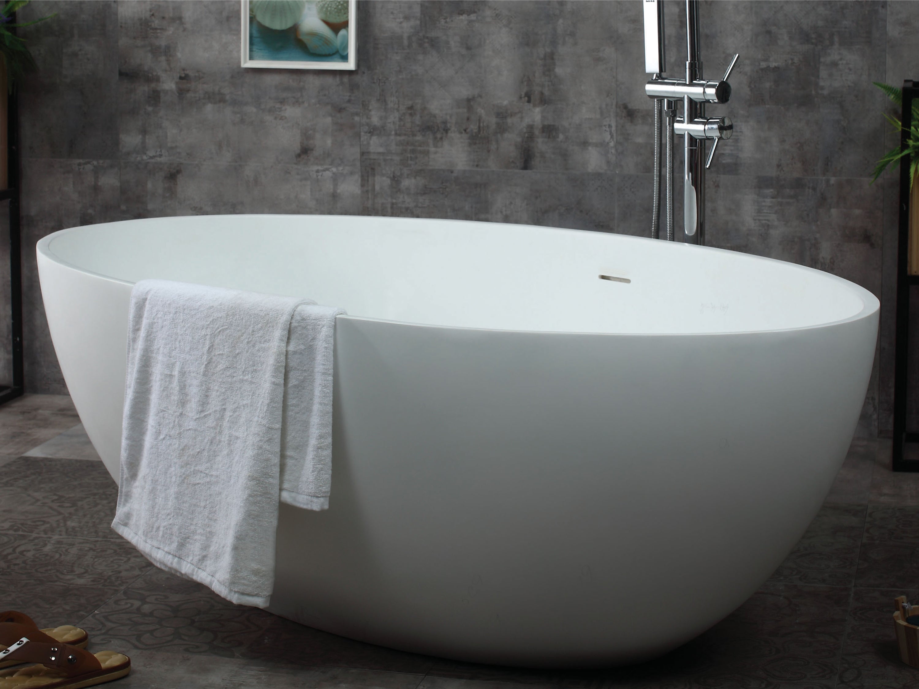 ALFI brand 67" Solid Surface Smooth Resin Free Standing Oval Soaking Bathtub, White Matte, AB9941