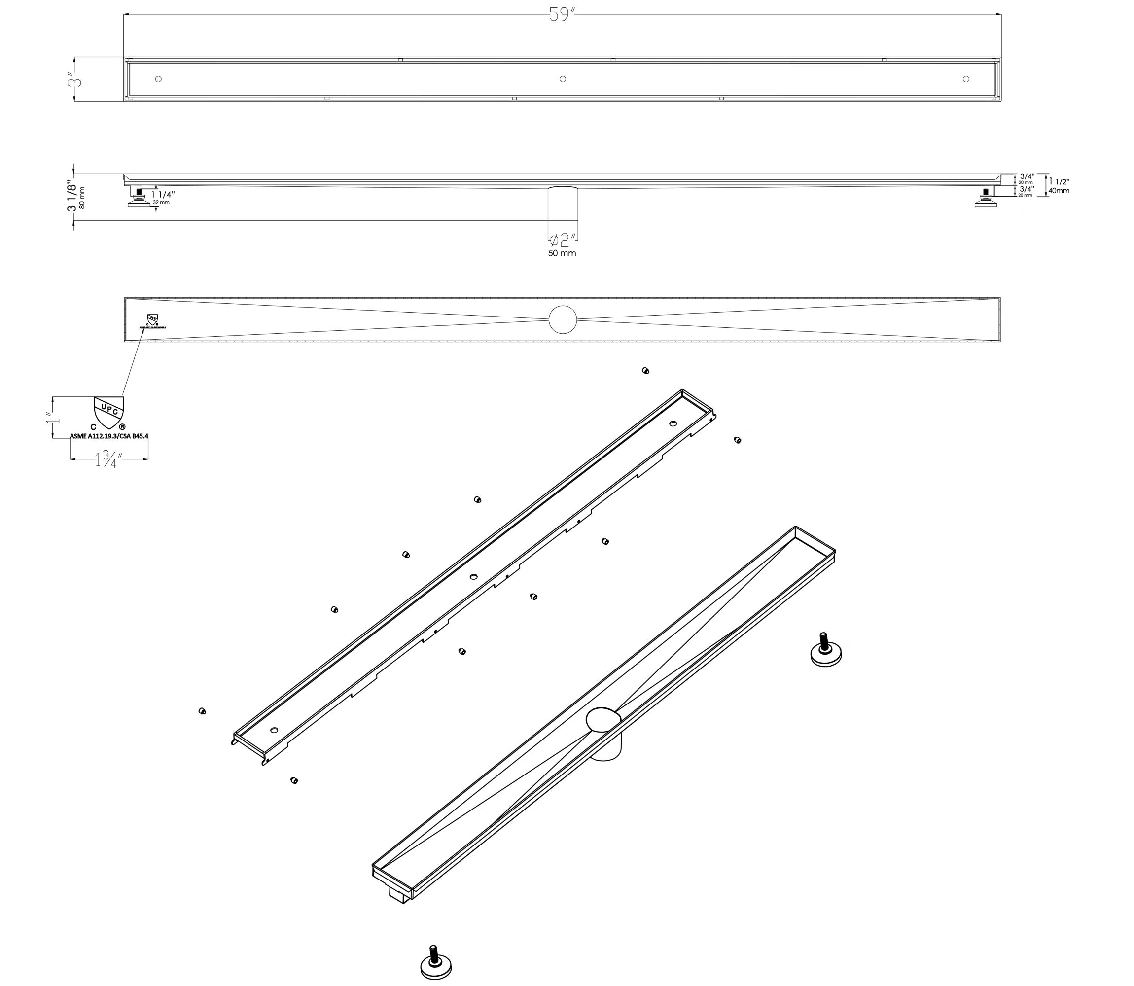 ALFI brand ABLD59A 59" Stainless Steel Linear Shower Drain with No Cover, Grey