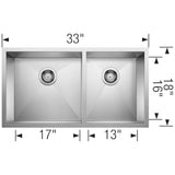 Blanco Quatrus 33" Undermount Stainless Steel Kitchen Sink, 60/40 Double Bowl, Satin Polish, 18 Gauge, No Faucet Hole, 443054