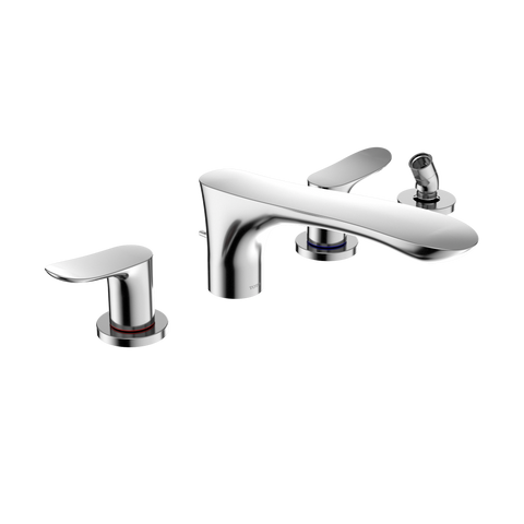 TOTO GO Two-Handle Deck-Mount Roman Tub Filler Trim with Handshower, Polished Chrome, Brass, TBG01202U#CP