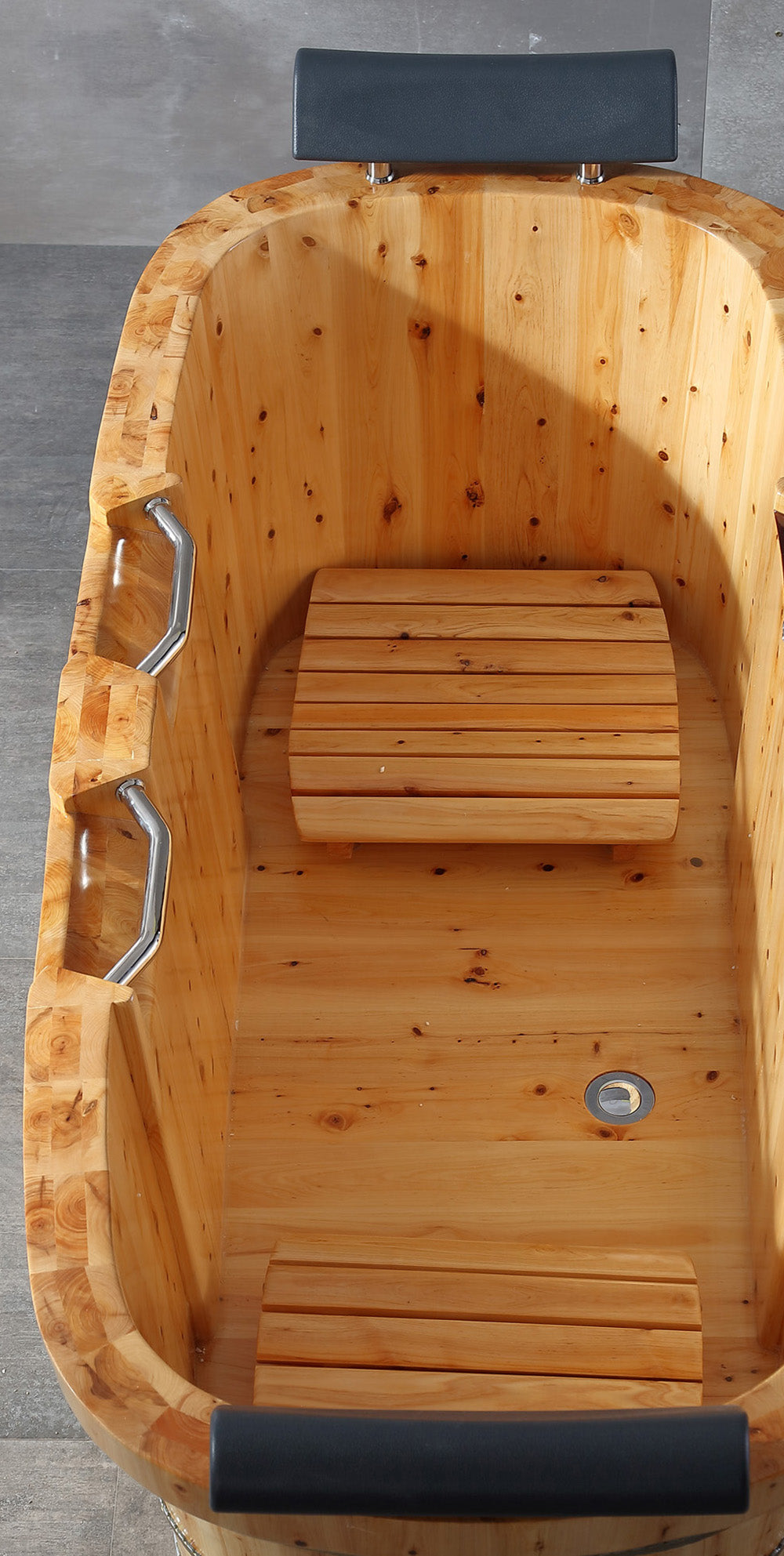 ALFI brand 65" Cedar Wood Free Standing Oval Bathtub with Fixtures & Headrests, Natural Wood, AB1130