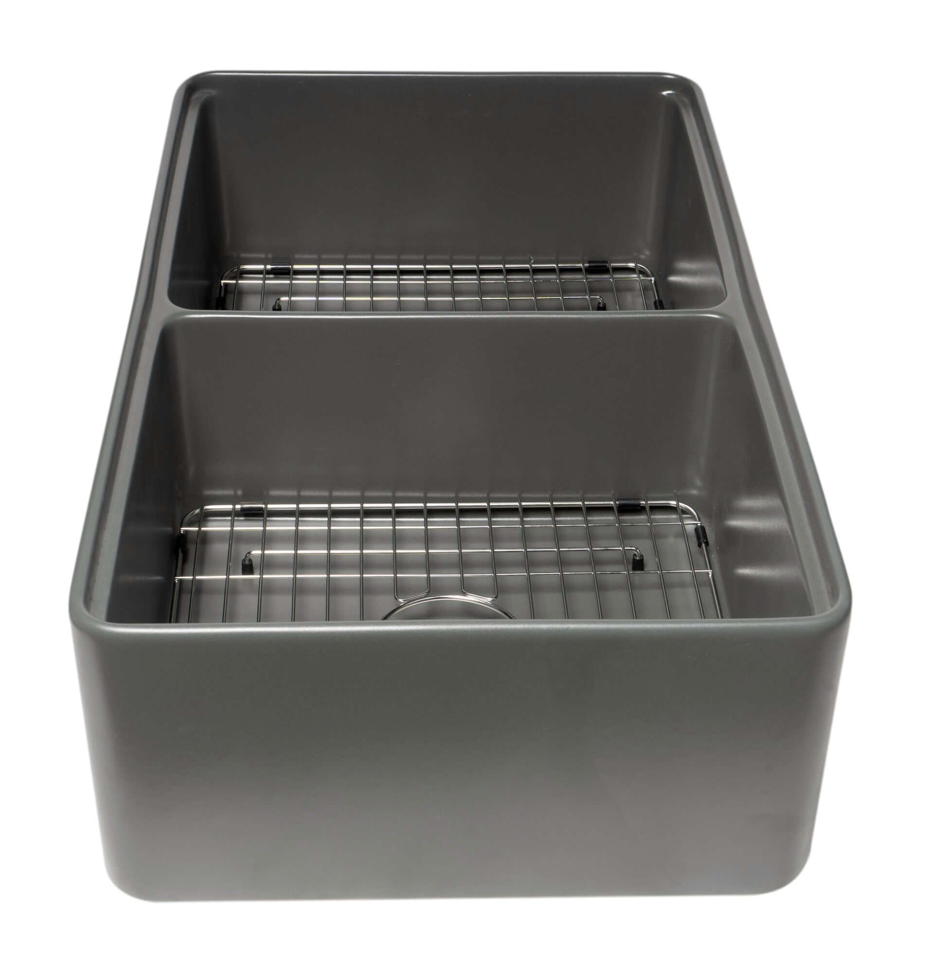 ALFI brand 33" Fireclay Workstation Farmhouse Step Rim Sink with Accessories, 50/50 Double Bowl, Gray Matte, No Faucet Hole, ABFS3320D-GM