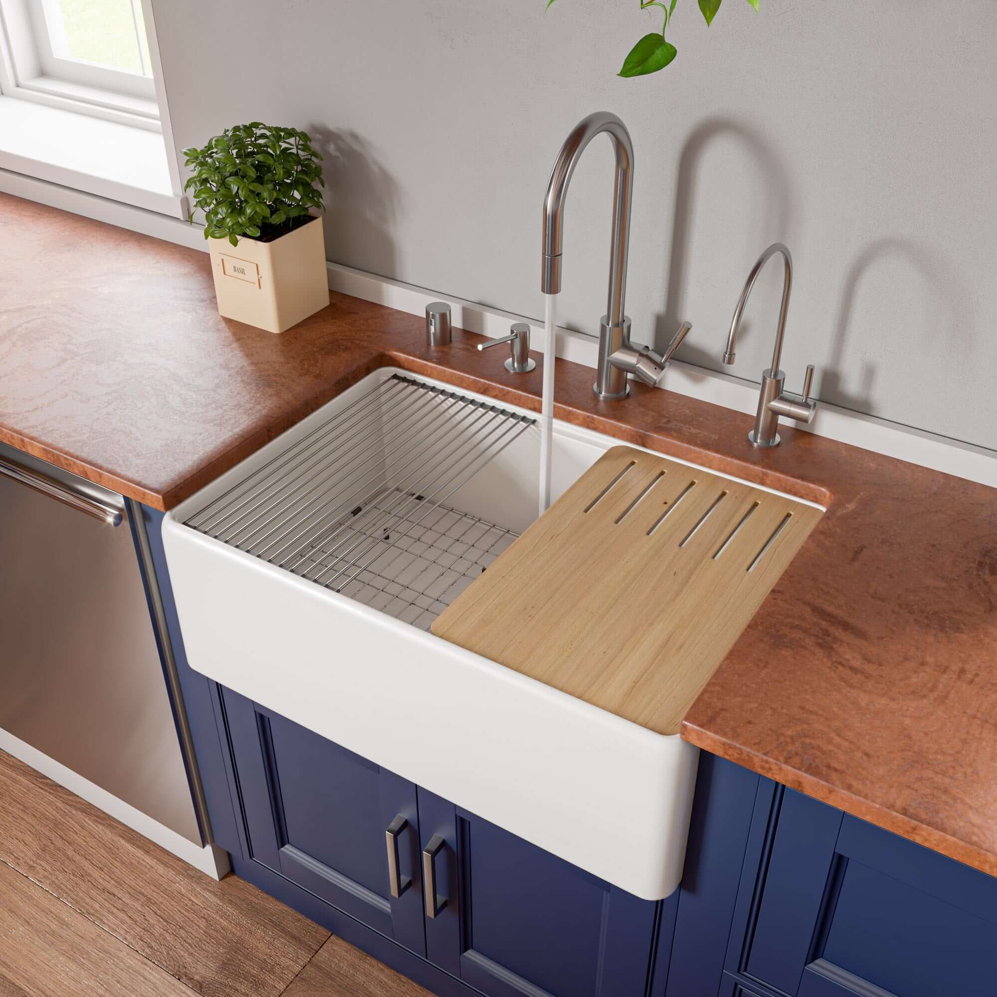 ALFI brand 30" Fireclay Workstation Farmhouse Sink with Accessories, White, ABFS3020-W