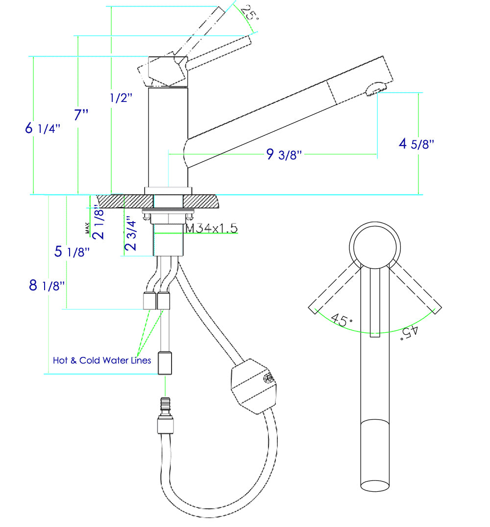 ALFI Solid Brushed Stainless Steel Pull Out Single Hole Kitchen Faucet, AB2025-BSS
