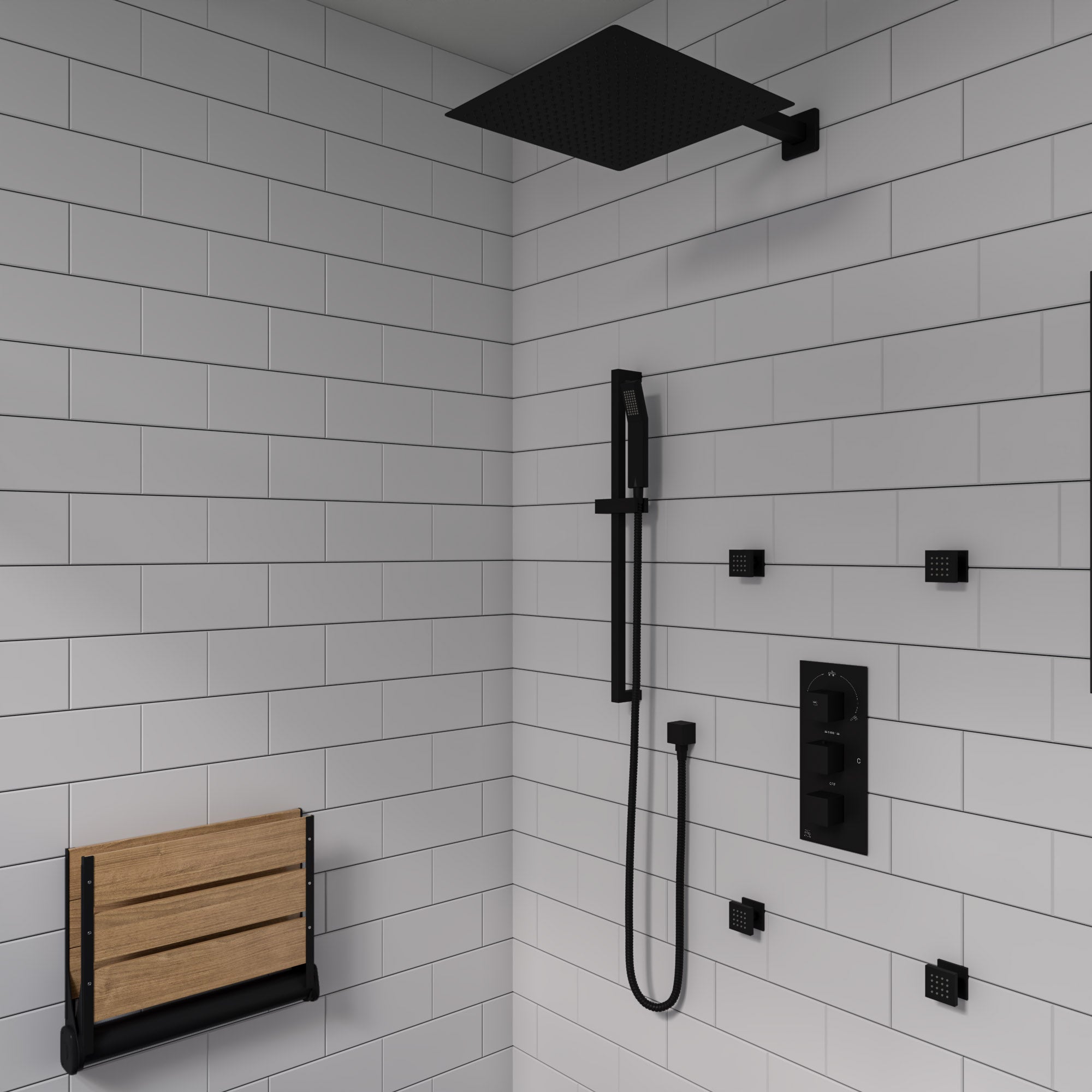 ALFI brand ABS17-BM Black Matte 17" Wide Foldable Teak Shower Seat with Backrest, Teak Wood, Natural Wood