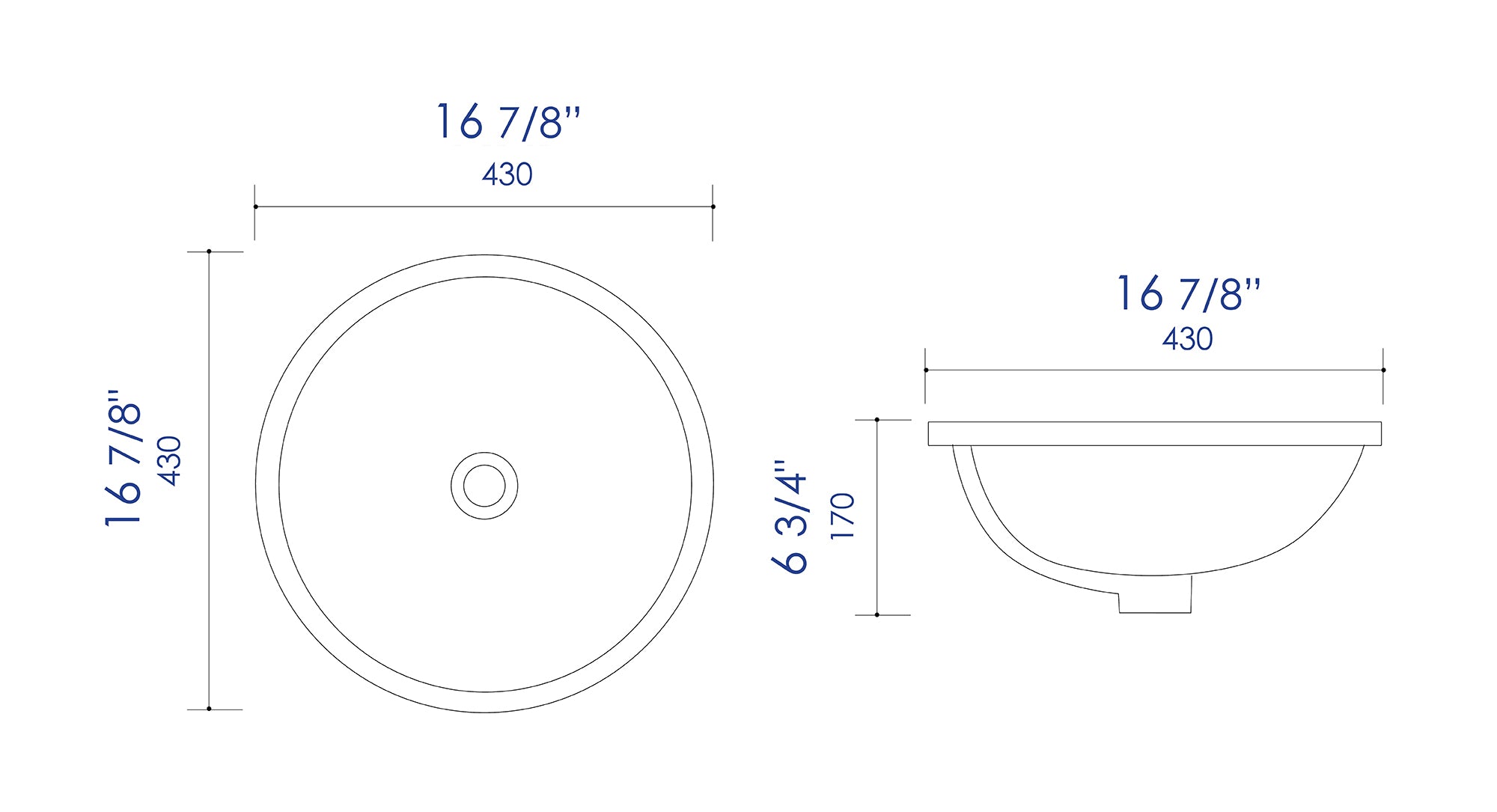 ALFI brand 16.88" x 16.88" Round Under Mount Porcelain Bathroom Sink, White, No Faucet Hole, ABC601