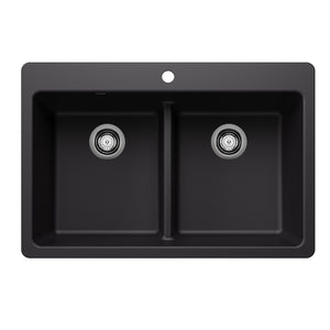 Alternate Image for Blanco Liven 33" Dual Mount Silgranit Kitchen Sink, 50/50 Double Bowl, Coal Black, 1 Faucet Hole, 443202