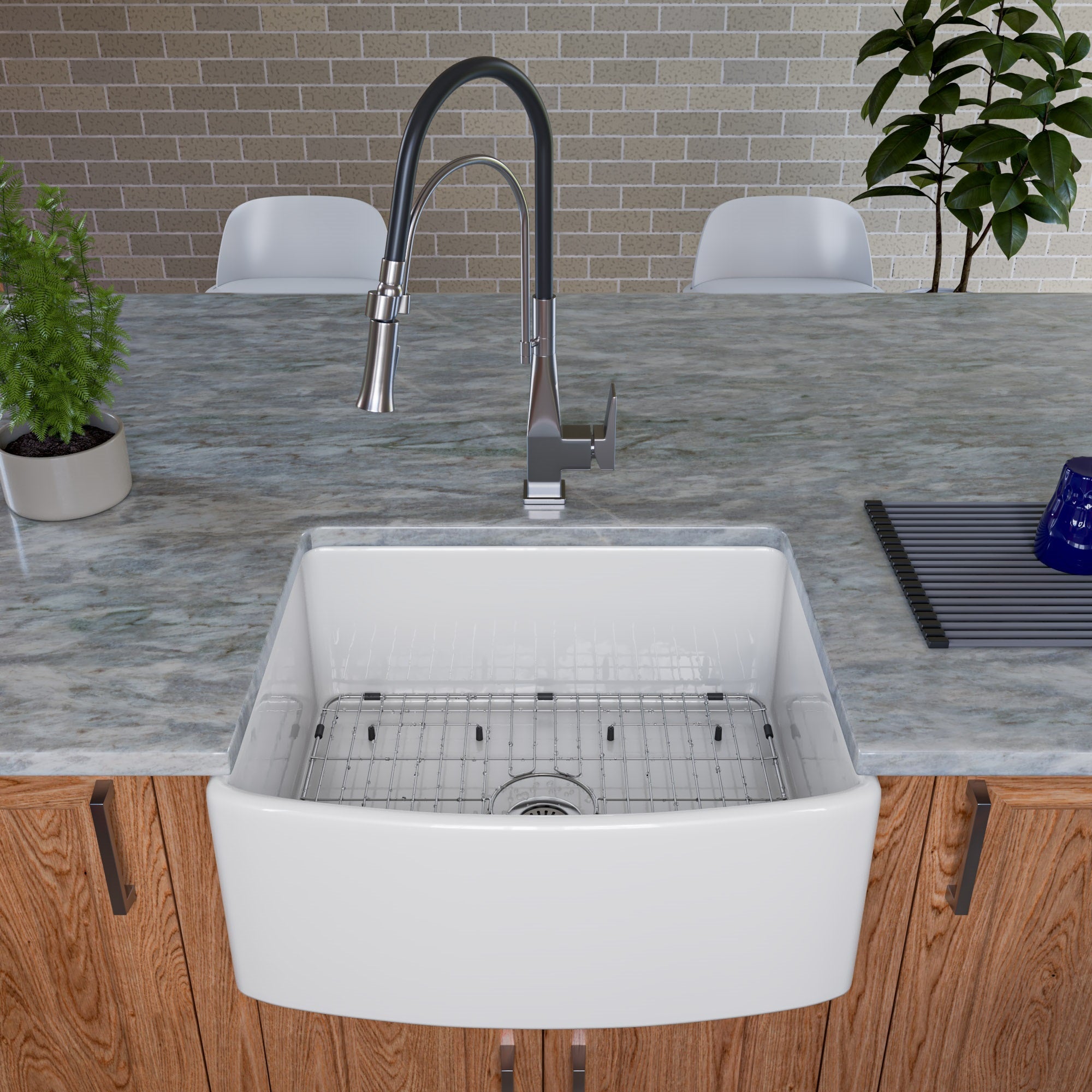 ALFI brand 24" Fireclay Farmhouse Sink with Accessories, White, ABFC2420-W