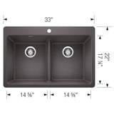 Blanco Liven 33" Dual Mount Silgranit Kitchen Sink, 50/50 Double Bowl, Cinder, 1 Faucet Hole, 443204