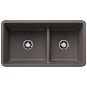 Alternate Image for Blanco Precis 33" Undermount Silgranit Kitchen Sink, 60/40 Double Bowl, Volcano Gray, No Faucet Hole, 443117