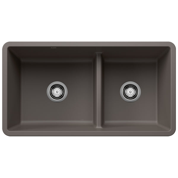 Blanco Precis 33" Undermount Silgranit Kitchen Sink, 60/40 Double Bowl, Volcano Gray, No Faucet Hole, 443117