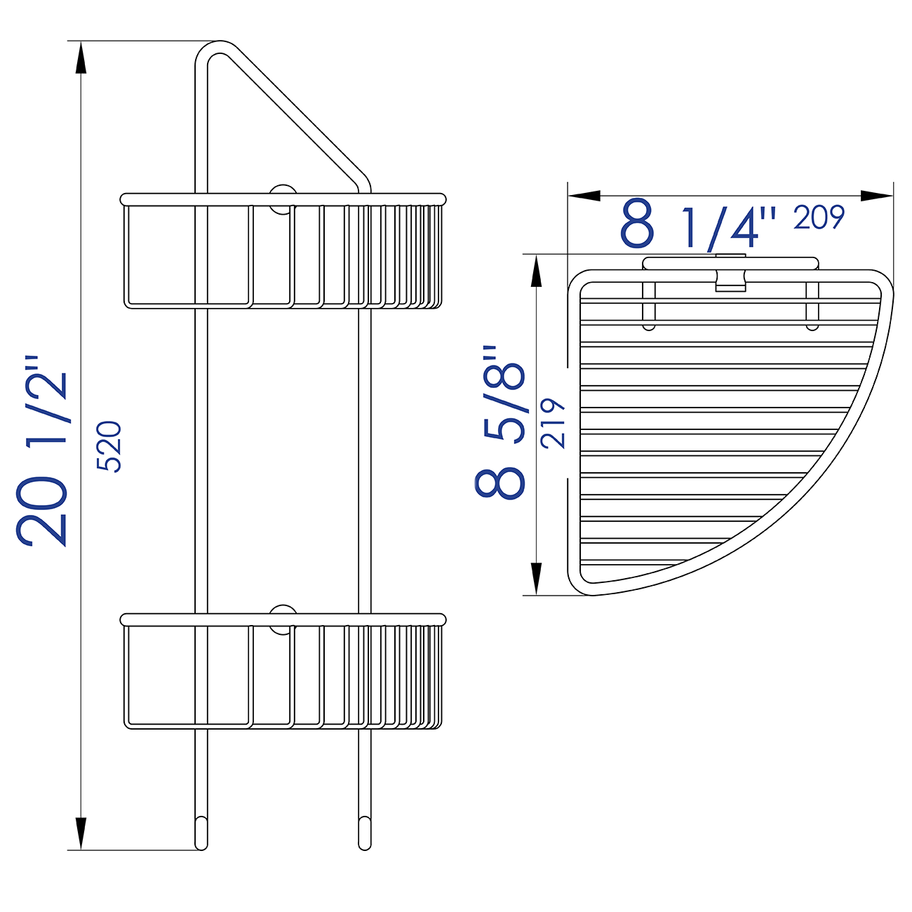 ALFI brand AB9532 Polished Chrome Corner Mounted Double Basket Shower Shelf Bathroom Accessory, Brass, Grey