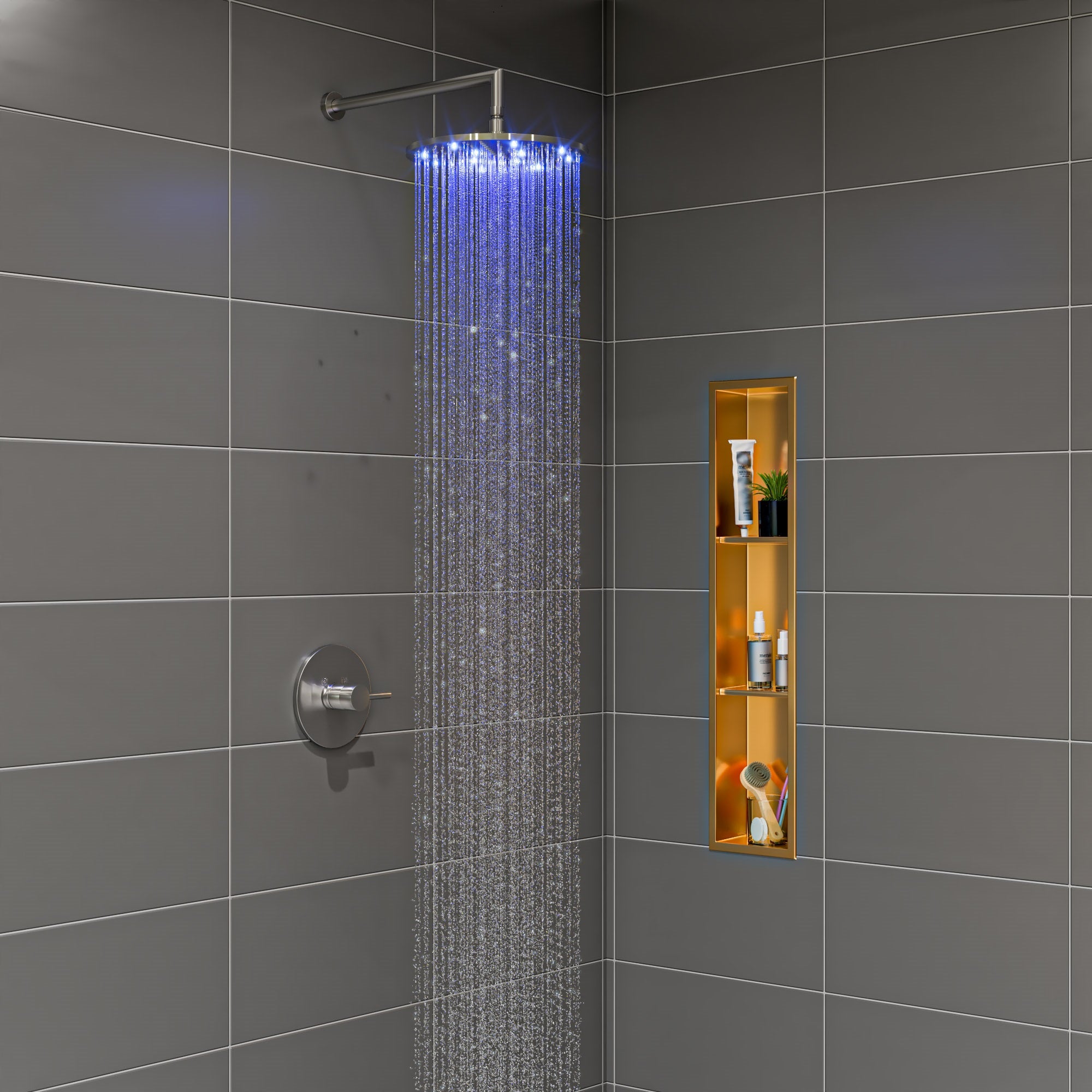 ALFI brand LED12R-BN Brushed Nickel 12" Round Multi Color LED Rain Shower Head, Brass