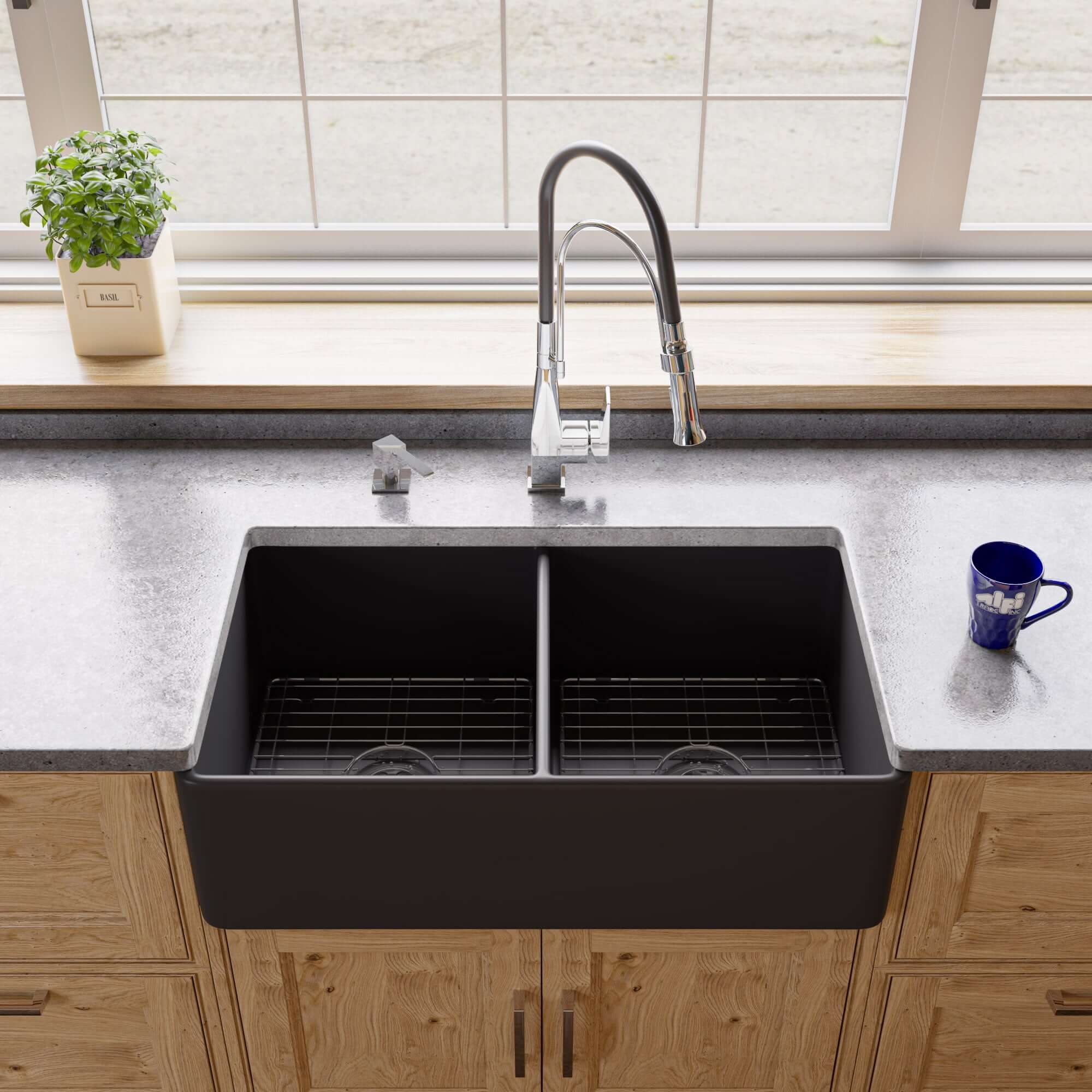 ALFI brand 33" Fireclay Farmhouse Sink, 50/50 Double Bowl, Black Matte, No Faucet Hole, ABF3318D-BM