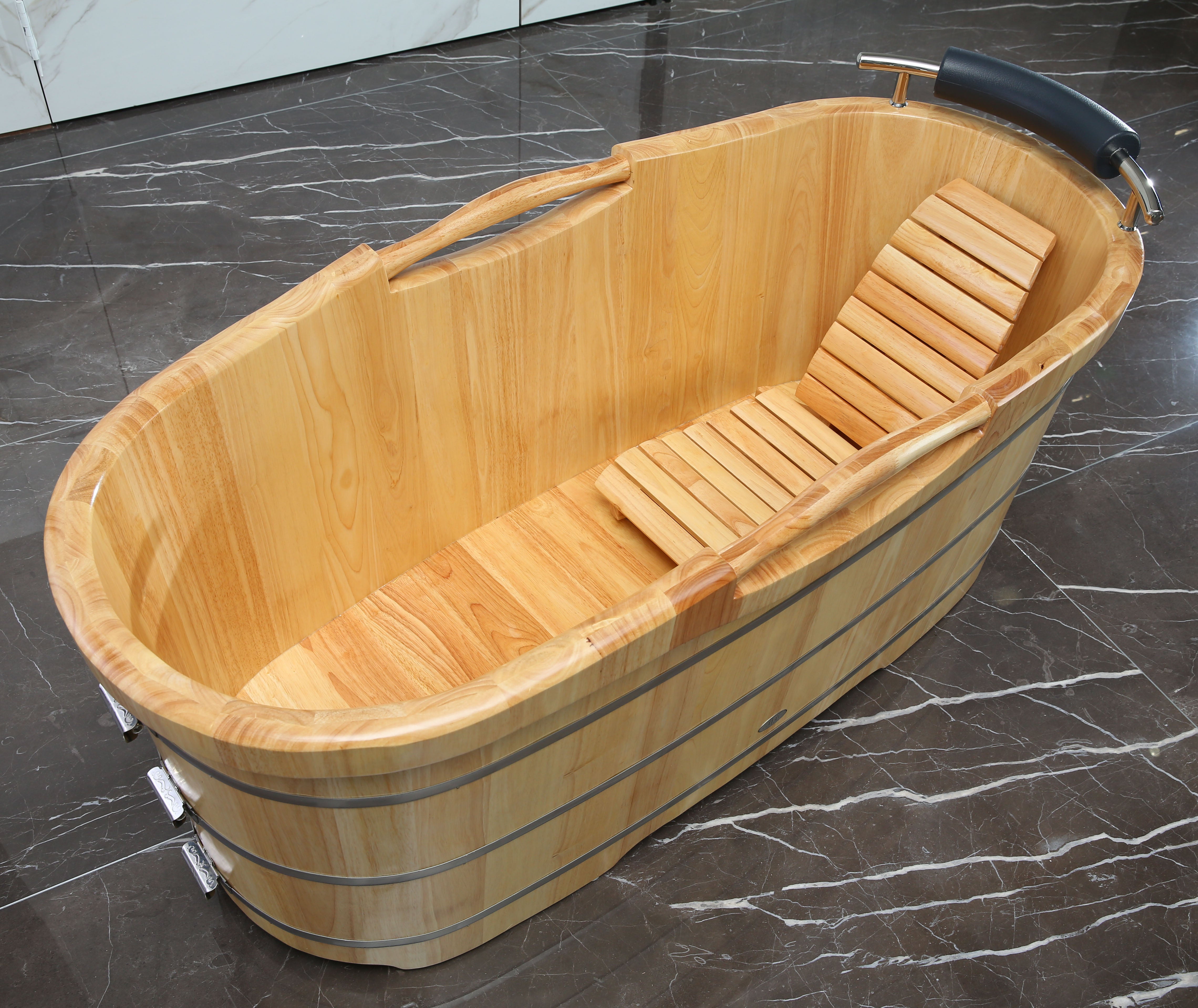 ALFI brand 61" Rubber Wood Free Standing Oval Bathtub with Cushion Headrest, Natural Wood, AB1163
