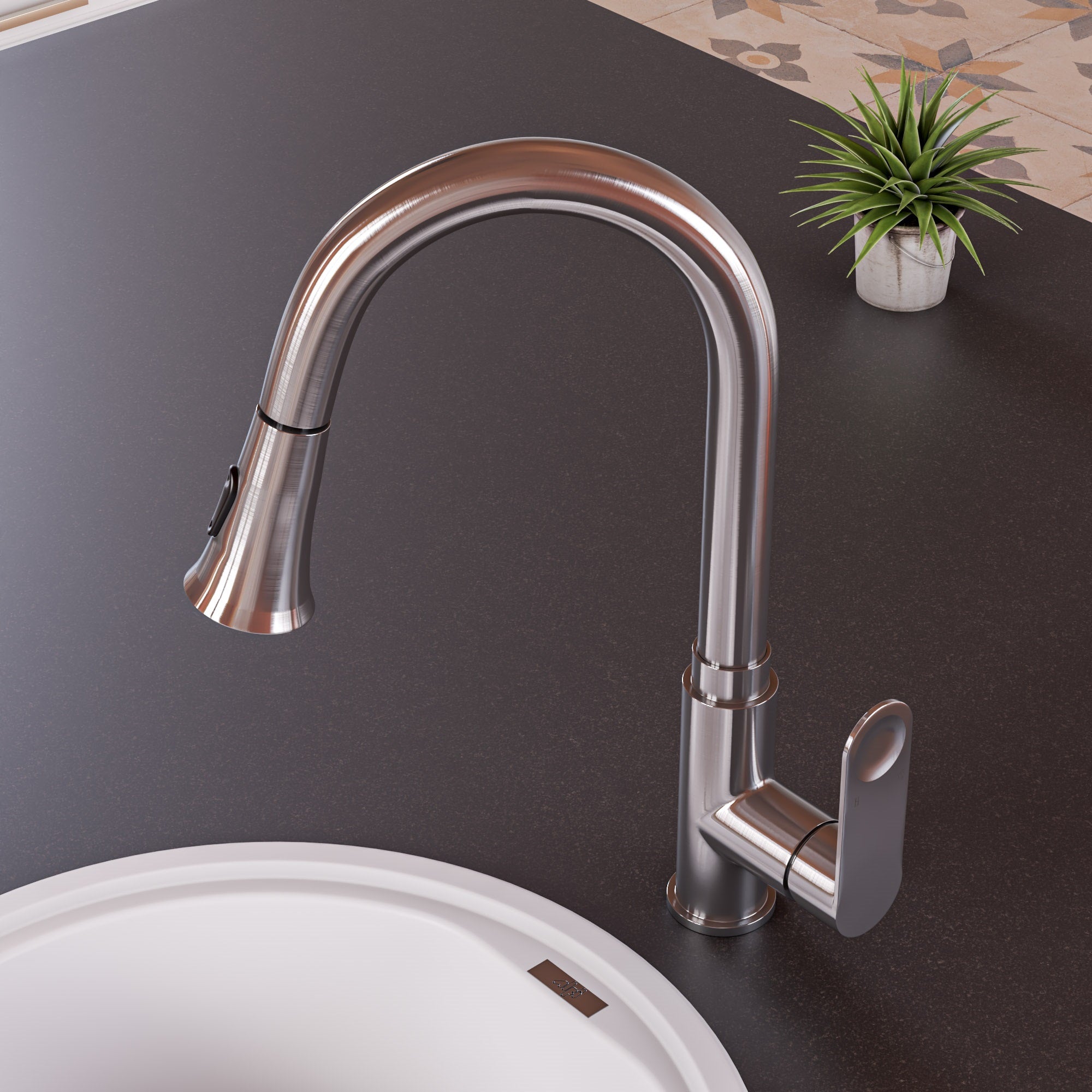 ALFI brand 1.8 GPM Lever Gooseneck Spout Touch Kitchen Faucet, Modern, Gray, Pull Down, Brushed Nickel, ABKF3480-BN