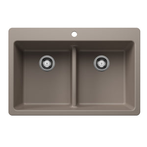 Alternate Image for Blanco Liven 33" Dual Mount Silgranit Kitchen Sink, 50/50 Double Bowl, Truffle, 1 Faucet Hole, 443206