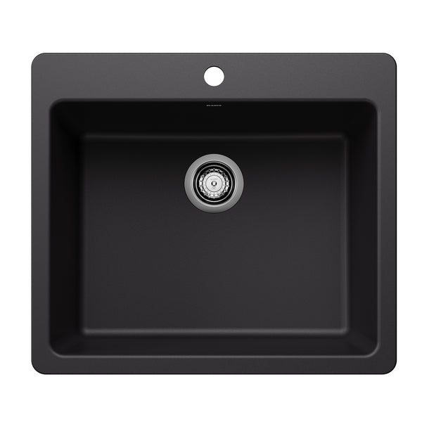 Blanco Liven 25" Dual Mount Silgranit Kitchen Sink, Coal Black, 1 Faucet Hole, 443218