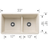 Blanco Precis 33" Undermount Silgranit Kitchen Sink, 60/40 Double Bowl, Soft White, No Faucet Hole, 443080