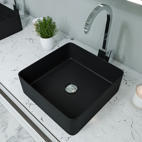 ALFI brand 15.13" x 15.13" Square Above Mount Porcelain Bathroom Sink, Black Matte, No Faucet Hole, ABC903-BM