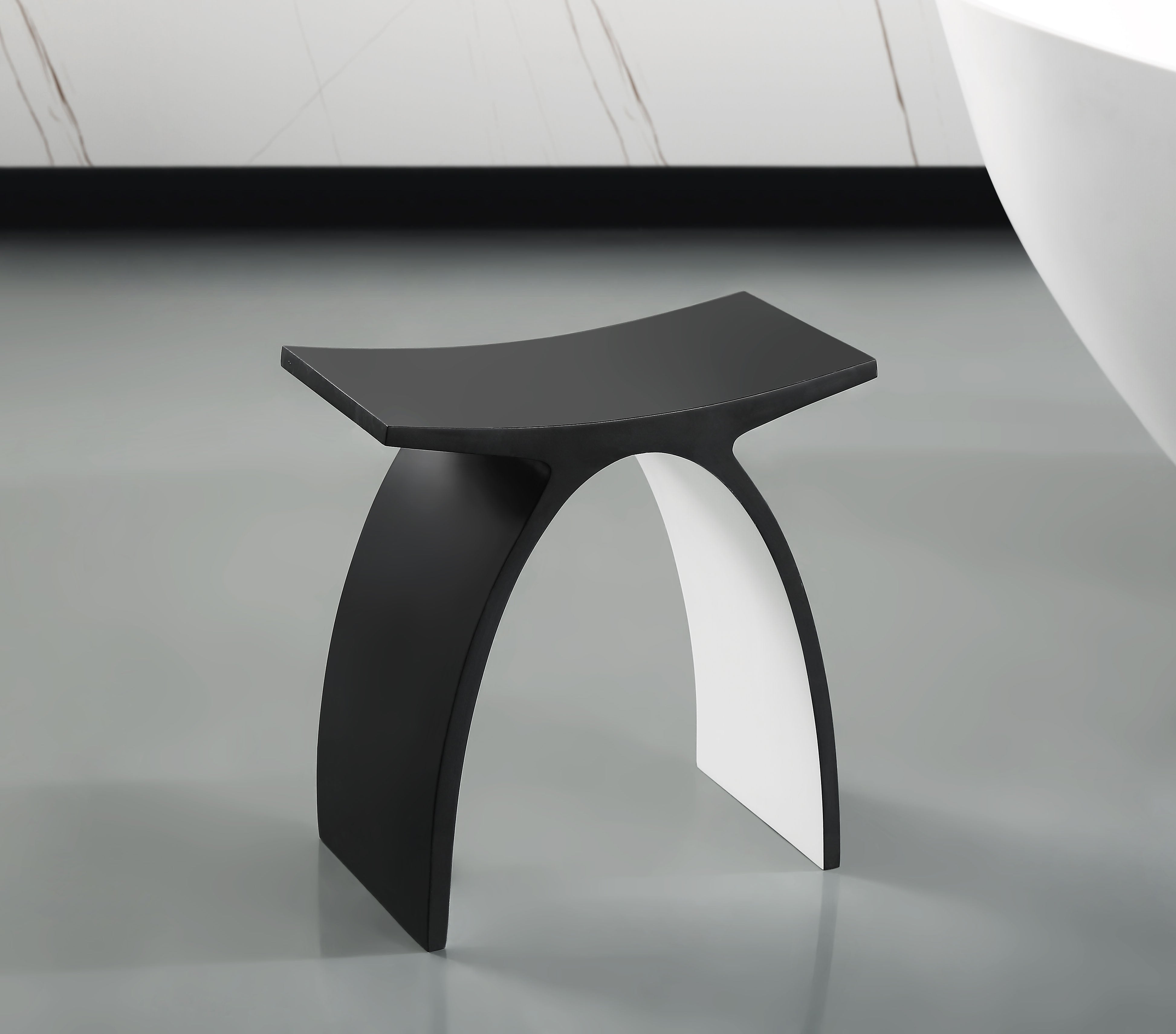 ALFI brand ABST77BM Black Matte Arched Solid Surface Resin Bathroom / Shower Stool, Black & White