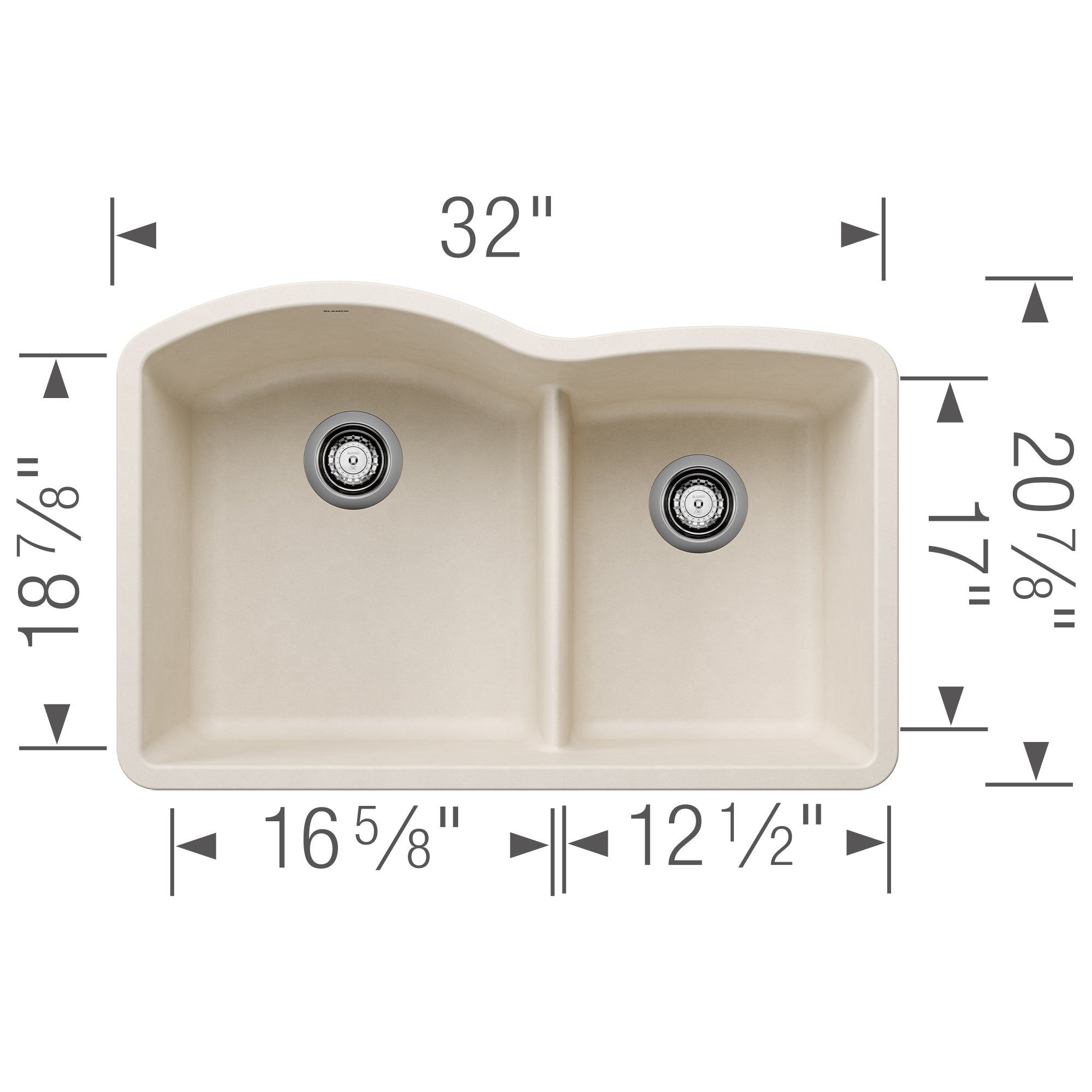 Blanco Diamond 32" Undermount Silgranit Kitchen Sink, 60/40 Double Bowl, Soft White, No Faucet Hole, 443065