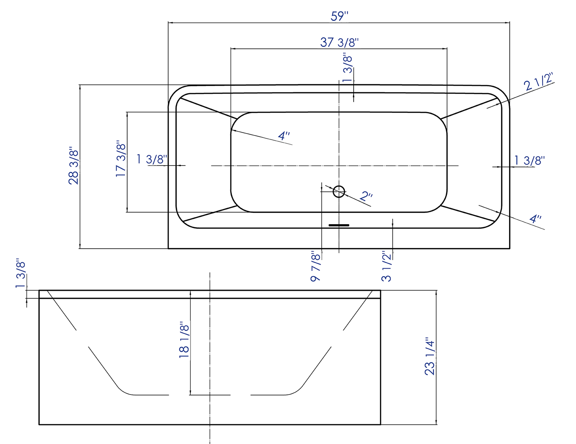ALFI brand 59" Acrylic Free Standing Rectangle Soaking Bathtub, White, AB8858