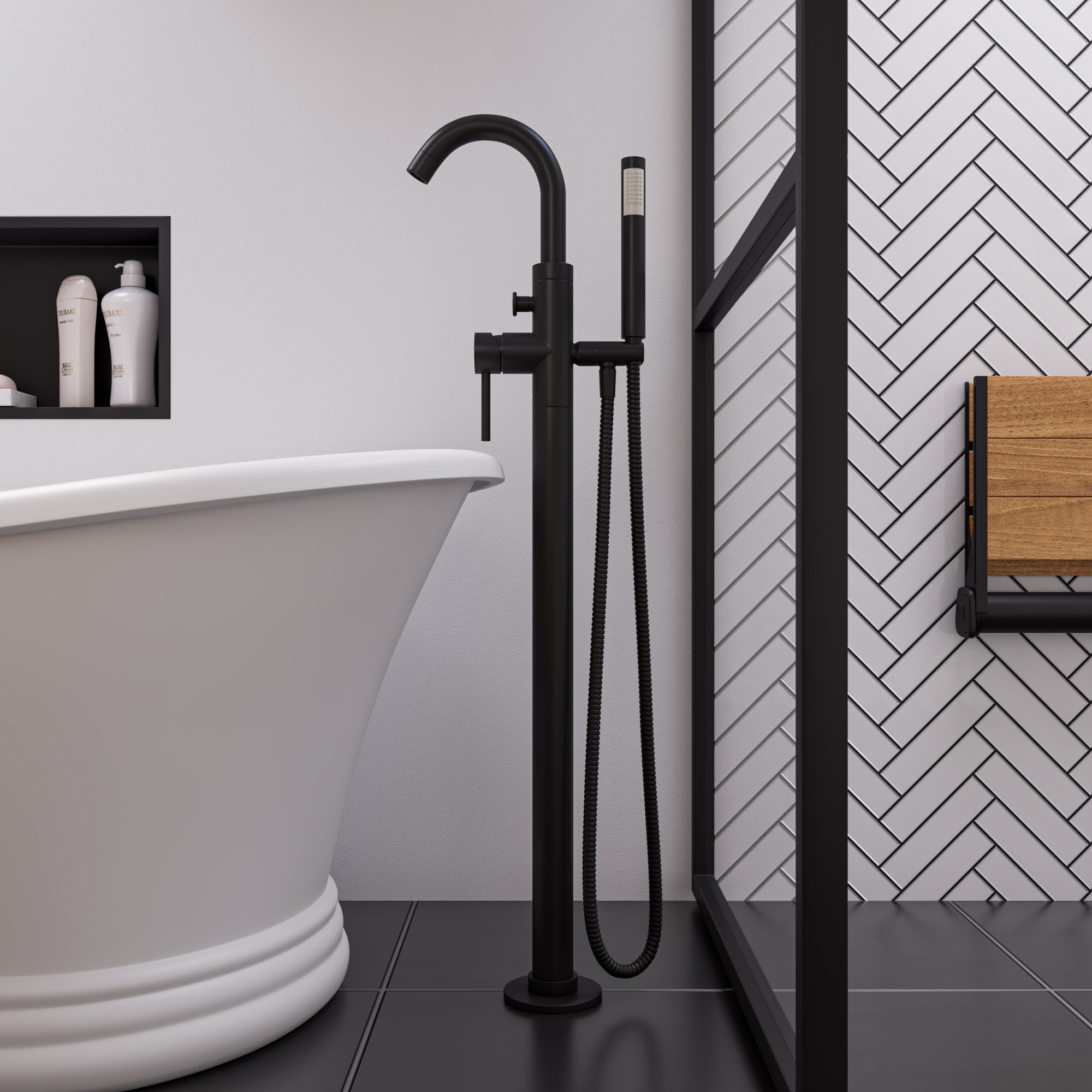 ALFI brand Brass, AB2534-BM Black Matte Single Lever Floor Mounted Tub Filler Mixer w Hand Held Shower Head