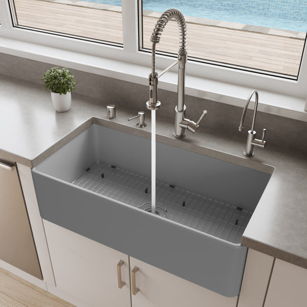 ALFI brand 36" Fireclay Farmhouse Sink, Gray Matte, No Faucet Hole, ABF3618-GM