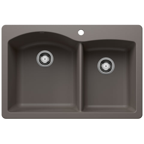 Blanco Diamond 33" Dual Mount Silgranit Kitchen Sink, 60/40 Double Bowl, Volcano Gray, 1 Faucet Hole, 443100